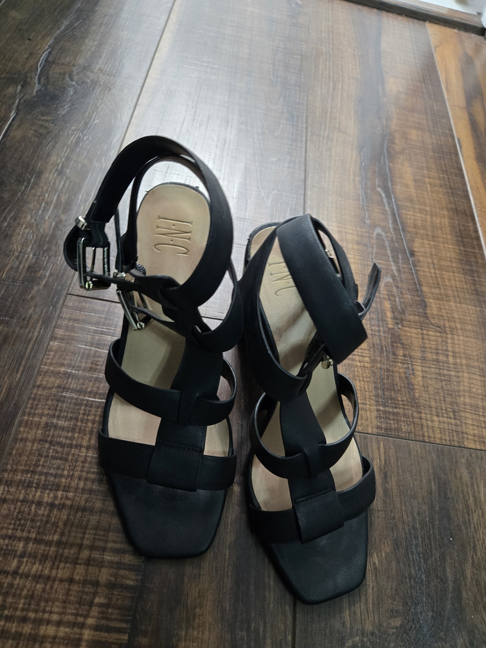 INC International Concepts Black Strappy Block Heel Sandals